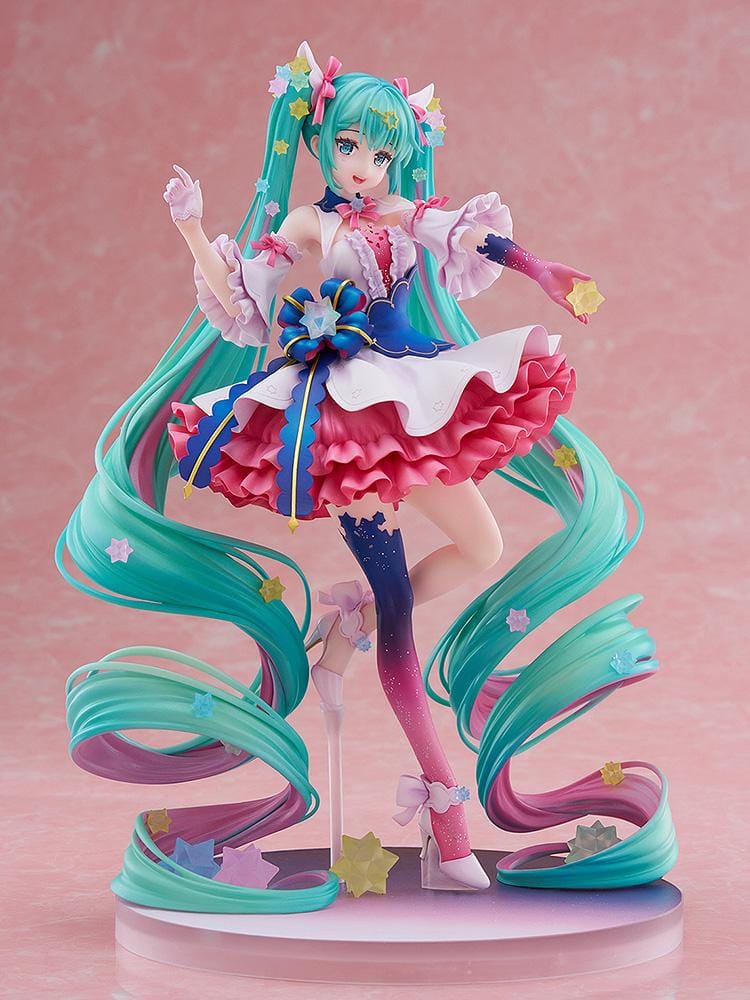Hatsune Miku Rosuuri Ver. 1/7 scale figure with swirling turquoise twin tails, colorful stars, a pink and white ruffled dress, and a blue bow.