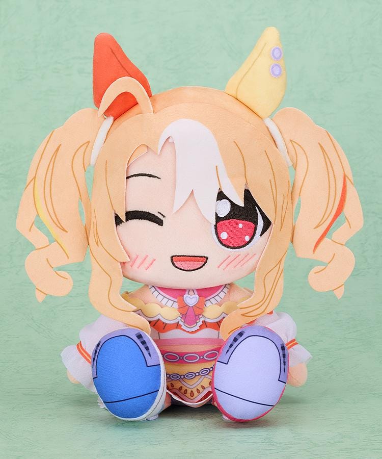 Fusaichi Pandora Kuripan plushie with curled blonde twin-tails, a white forelock, a winking face, colorful ear coverings, and blue and lavender soles.