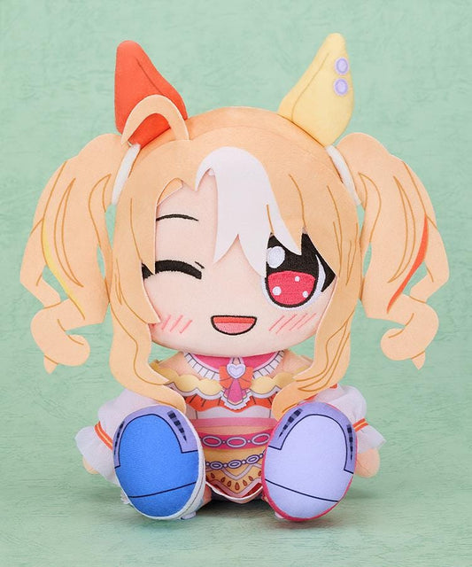 Fusaichi Pandora Kuripan plushie with curled blonde twin-tails, a white forelock, a winking face, colorful ear coverings, and blue and lavender soles.