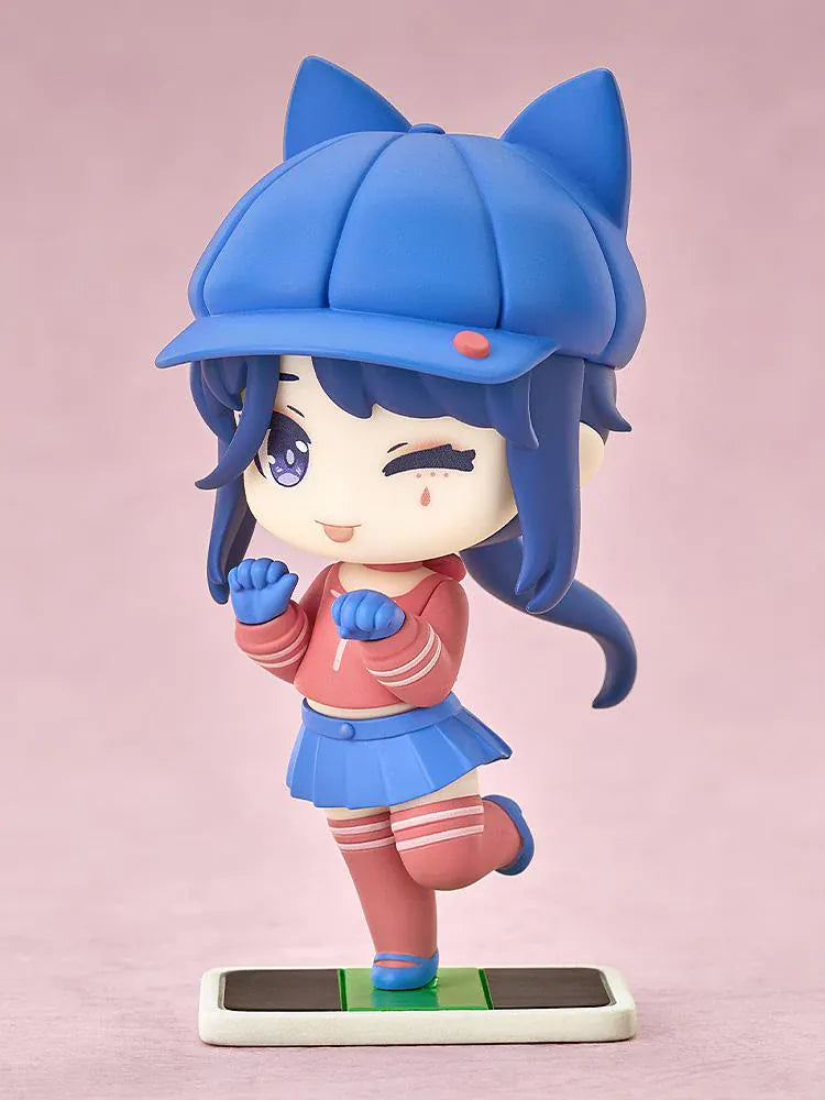 MiSide Mini Memory Cappie Figure featuring Cappie in a chibi-style design with a blue cat-ear cap, red top, blue skirt, gloves, and display base.