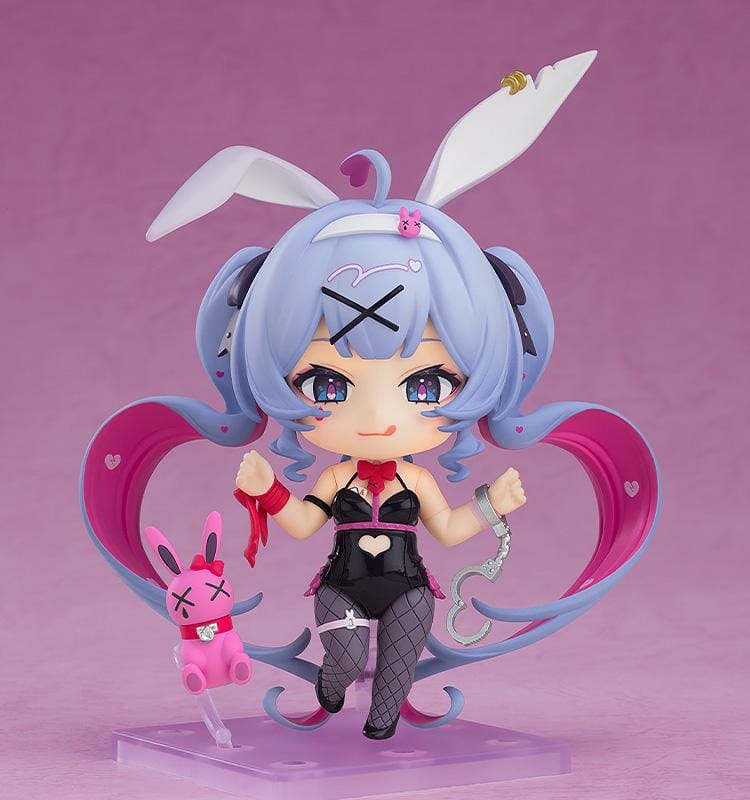 Hatsune Miku Nendoroid Rabbit Hole Ver figure rerelease featuring Miku with bunny ears, blue twin tails, black and pink outfit, and bunny accessory