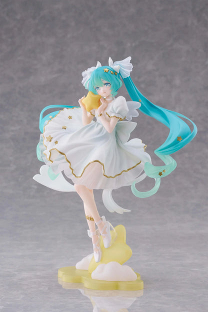 Vocaloid AMP+ Hatsune Miku Birthday 2026 Star Dreamy Ver figure featuring Hatsune Miku in a white dress standing on a star and cloud base