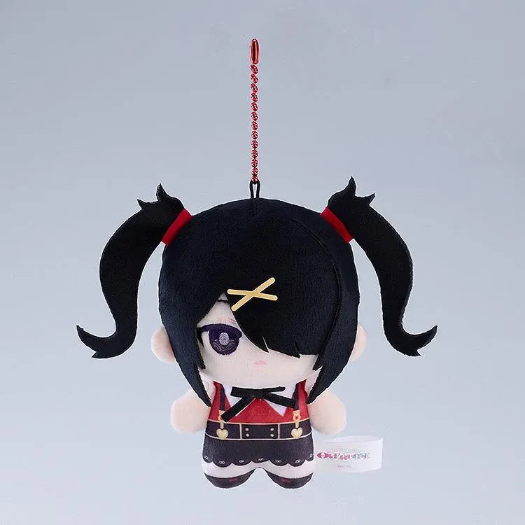 NEEDY GIRL OVERDOSE Ame-chan Punipico mascot plushie with black twin-tails, yellow hair clips, a red and black outfit, and a red ball chain.