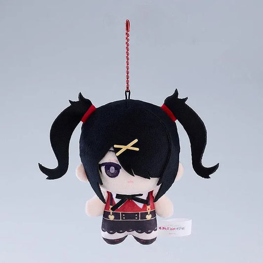 NEEDY GIRL OVERDOSE Ame-chan Punipico mascot plushie with black twin-tails, yellow hair clips, a red and black outfit, and a red ball chain.