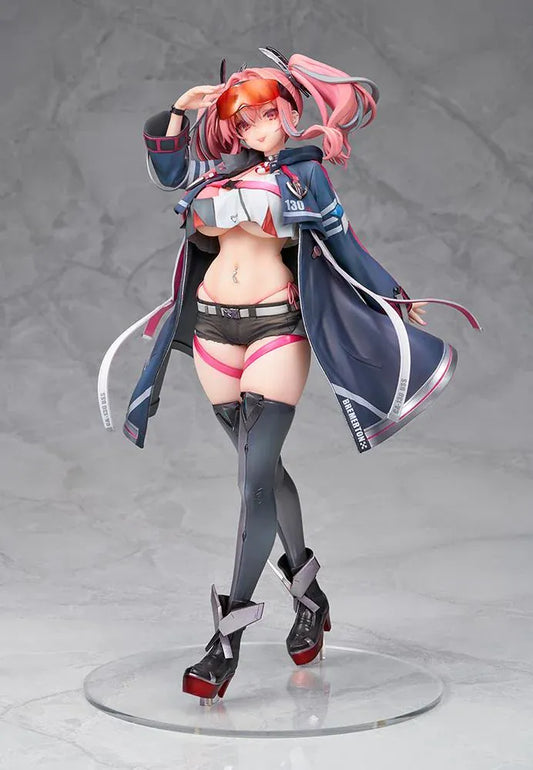 Azur Lane Bremerton 1/7 scale figure with pink twin tails, orange goggles, a navy coat, black shorts, and tall boots in a saluting pose.