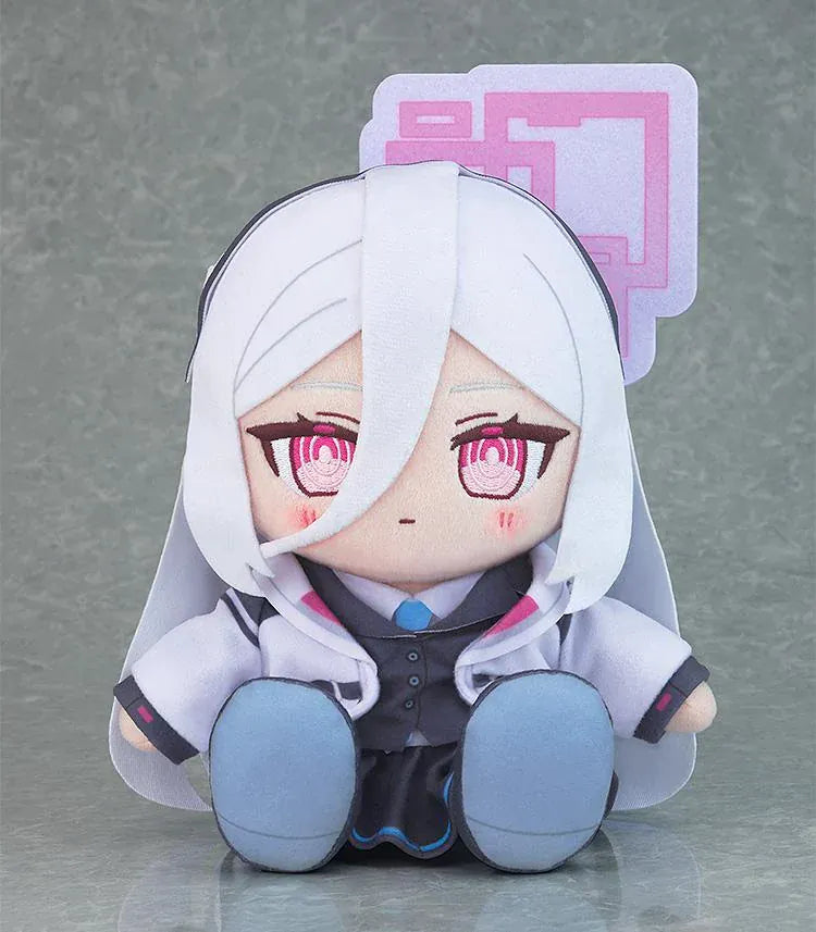 Blue Archive Kei Chocopuni plushie with long white hair, pink eyes, a geometric halo, a pale jacket over a dark vest, and a blue tie.