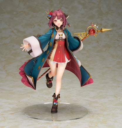 Sophie Neuenmuller figure smiling in a dynamic pose, wearing a teal coat over a red outfit and holding an ornate gold staff with a red orb.