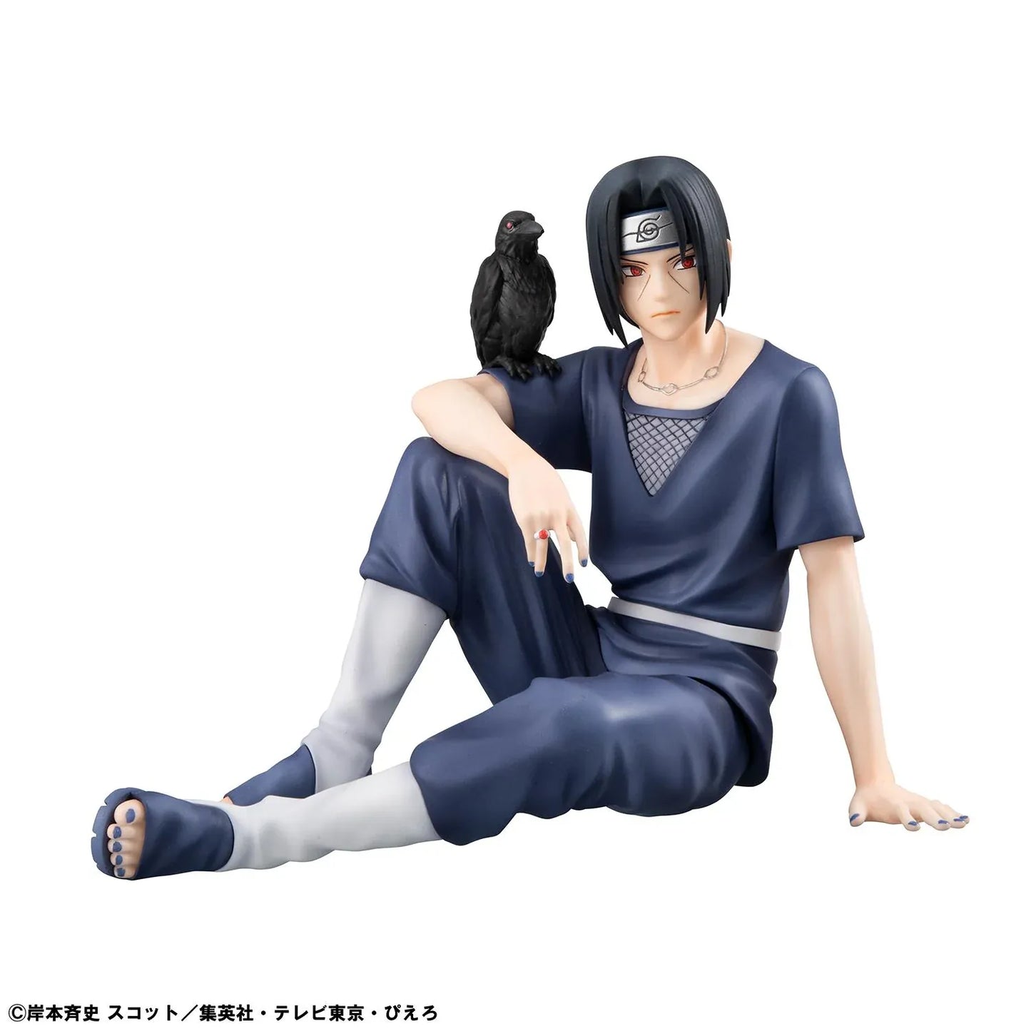 Naruto Shippuden G.E.M. Series Itachi Uchiha Tenohira figure featuring Itachi seated with Sharingan eyes, Leaf Village headband, shinobi outfit, and crow detail.