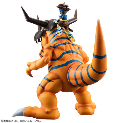 Digimon Adventure Precious G.E.M. Series Greymon and Taichi Yagami Reissue featuring Greymon in a roaring pose with Taichi riding above.