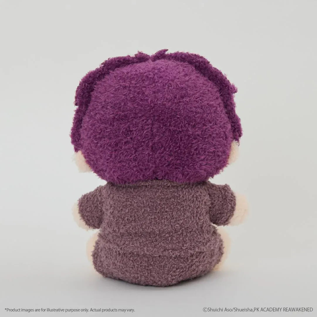 Aren Kuboyasu Fukamokogurumi plush featuring short purple hair, black embroidered glasses, a gentle smile, and a matching purple outfit with a fluffy texture in a cute seated chibi design.