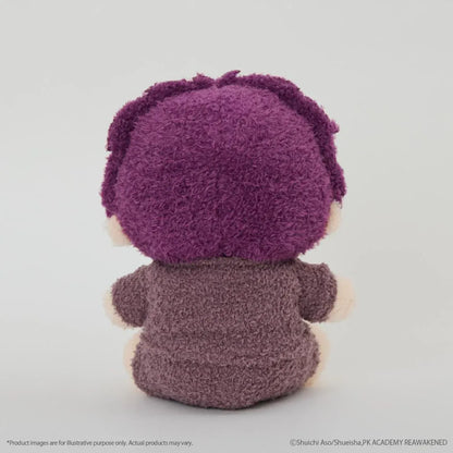 Aren Kuboyasu Fukamokogurumi plush featuring short purple hair, black embroidered glasses, a gentle smile, and a matching purple outfit with a fluffy texture in a cute seated chibi design.