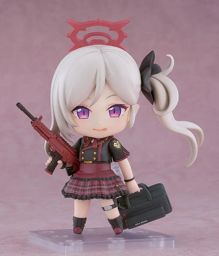 Blue Archive Nendoroid Mutsuki Asagi Figure with silver hair, pink halo, Gehenna Academy uniform, weapon, and black bag
