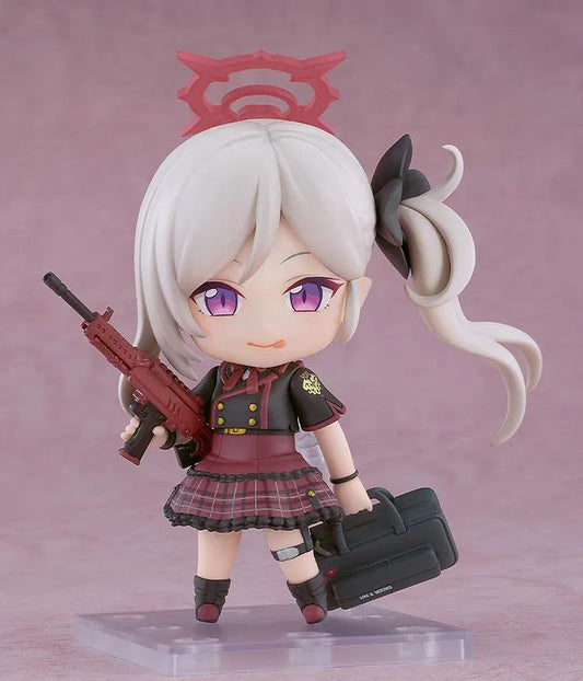 Blue Archive Nendoroid Mutsuki Asagi Figure with silver hair, pink halo, Gehenna Academy uniform, weapon, and black bag
