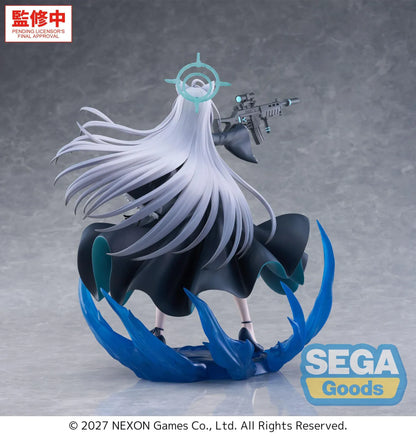 Blue Archive Shiroko Terror FIGURIZMα figure holding a rifle, with flowing silver hair, a turquoise halo, dark teal-lined dress, and blue base effects.
