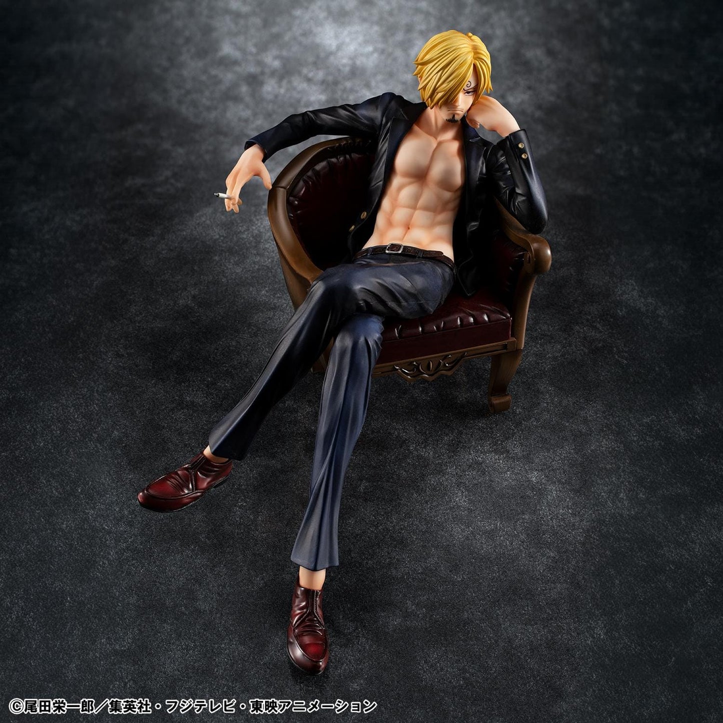 One Piece Portrait of Pirates S.O.C. Sanji Ver.R Figure seated in a chair with black suit, blonde hair, cigarette accessory, and relaxed pose