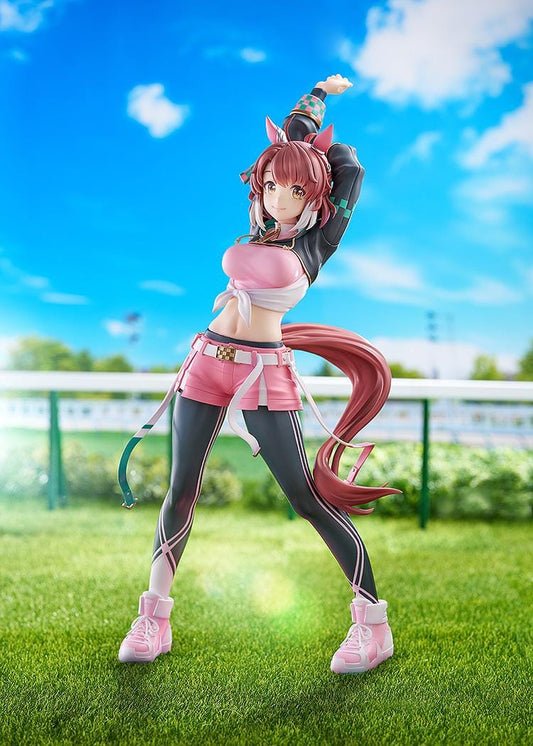 Uma Musume Pretty Derby Dantsu Flame 1/7 scale figure in pink athletic outfit with dynamic stretching pose and themed base
