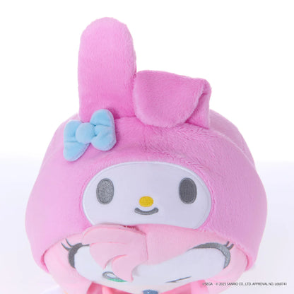 Sonic & Friends x Sanrio Amy medium plush wearing a pink My Melody hood with long ears and a blue bow.