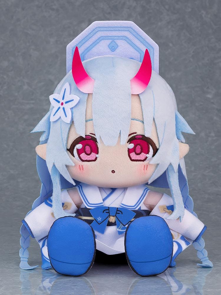 Blue Archive Chocopuni Chise plushie with pale blue braided hair, pink horns, embroidered pink eyes, a geometric halo, and a white-and-blue outfit.