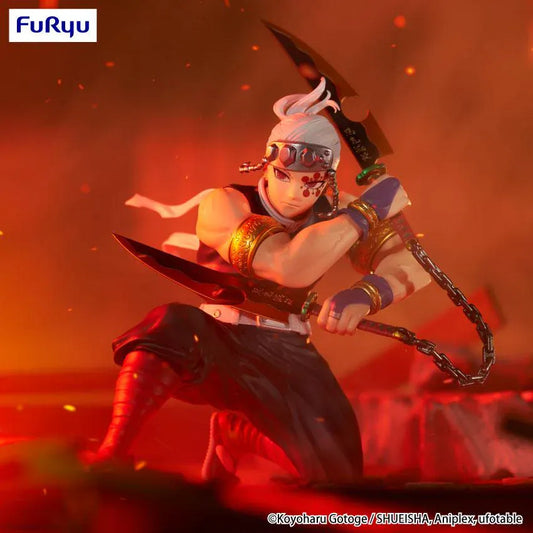 Tengen Uzui Noodle Stopper figure posed with one knee raised, holding chained dual blades and wearing a jeweled headband, dark uniform, and gold arm accessories.