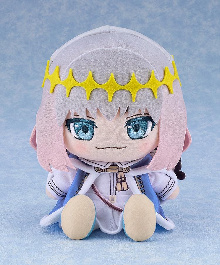 Fate/Grand Order Chocopuni Pretender Oberon plushie sitting with yellow crown halo, pastel hair, and detailed white and blue robe