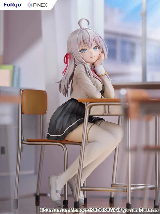 Alya Sometimes Hides Her Feelings in Russian Alya 1/7 Scale Figure by FuRyu F:NEX featuring Alya sitting at a school desk with silver hair and red ribbons