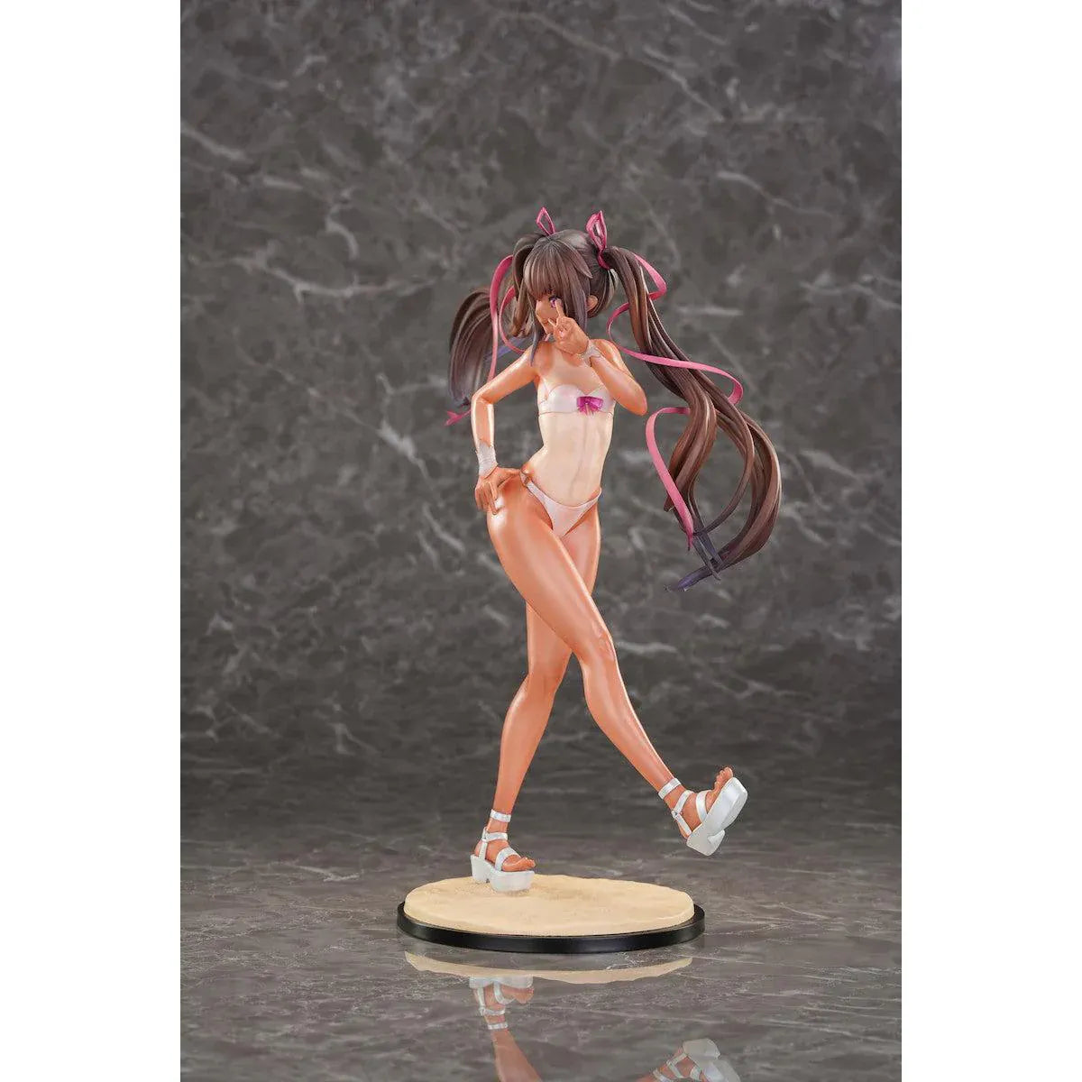 Taimanin RPG Adult Yukikaze Mizuki Swimsuit 1/6 Scale Figure featuring Yukikaze Mizuki in a white swimsuit-style outfit with twin-tail hair, pink ribbons, sandals, and display base.