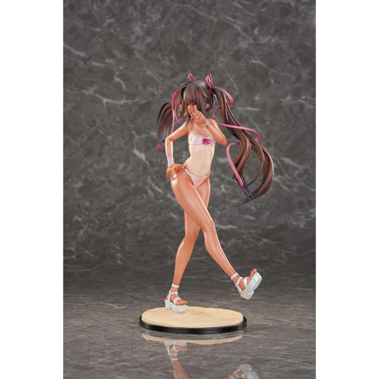 Taimanin RPG Adult Yukikaze Mizuki Swimsuit 1/6 Scale Figure featuring Yukikaze Mizuki in a white swimsuit-style outfit with twin-tail hair, pink ribbons, sandals, and display base.