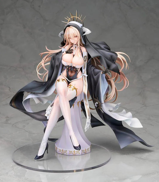 Azur Lane Implacable Special Ver. 1/7 Scale Figure with long blonde hair, black-and-white outfit, gold accents, halo headpiece, and clear display base