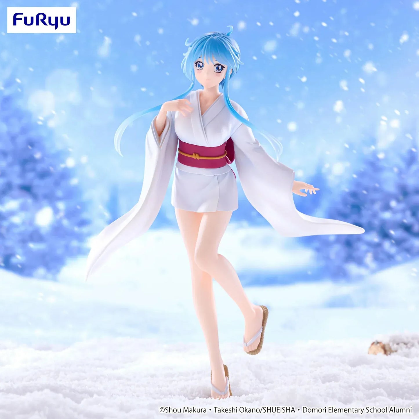 Anime figure of Yukime from Hell Teacher: Jigoku Sensei Nube walking across a snowy base in a flowing white yukata with long blue hair and a red obi.