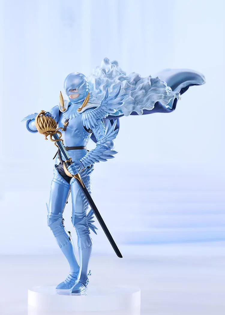 Berserk Griffith Falcon of Light figure in pale blue armor and helmet, with flowing pale hair, a billowing cape, and an ornate gold sword hilt.