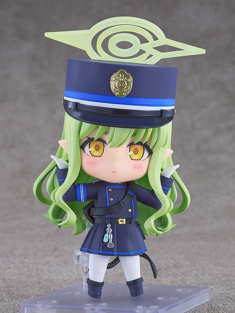 Blue Archive Nendoroid Hikari Tachibana Figure featuring Hikari with light green hair, golden eyes, oversized officer cap, academy uniform, and halo-style effect piece.