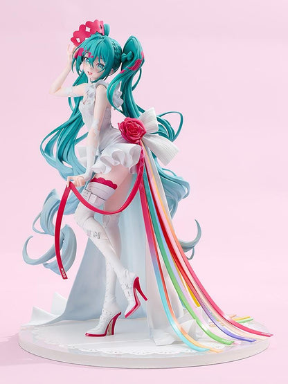 GOOD SMILE RACING G.S. Collection Racing Miku 15th Rhapsody 2010-2025 1/7 Scale Figure with white outfit, teal twin-tails, red rose, and colorful ribbons