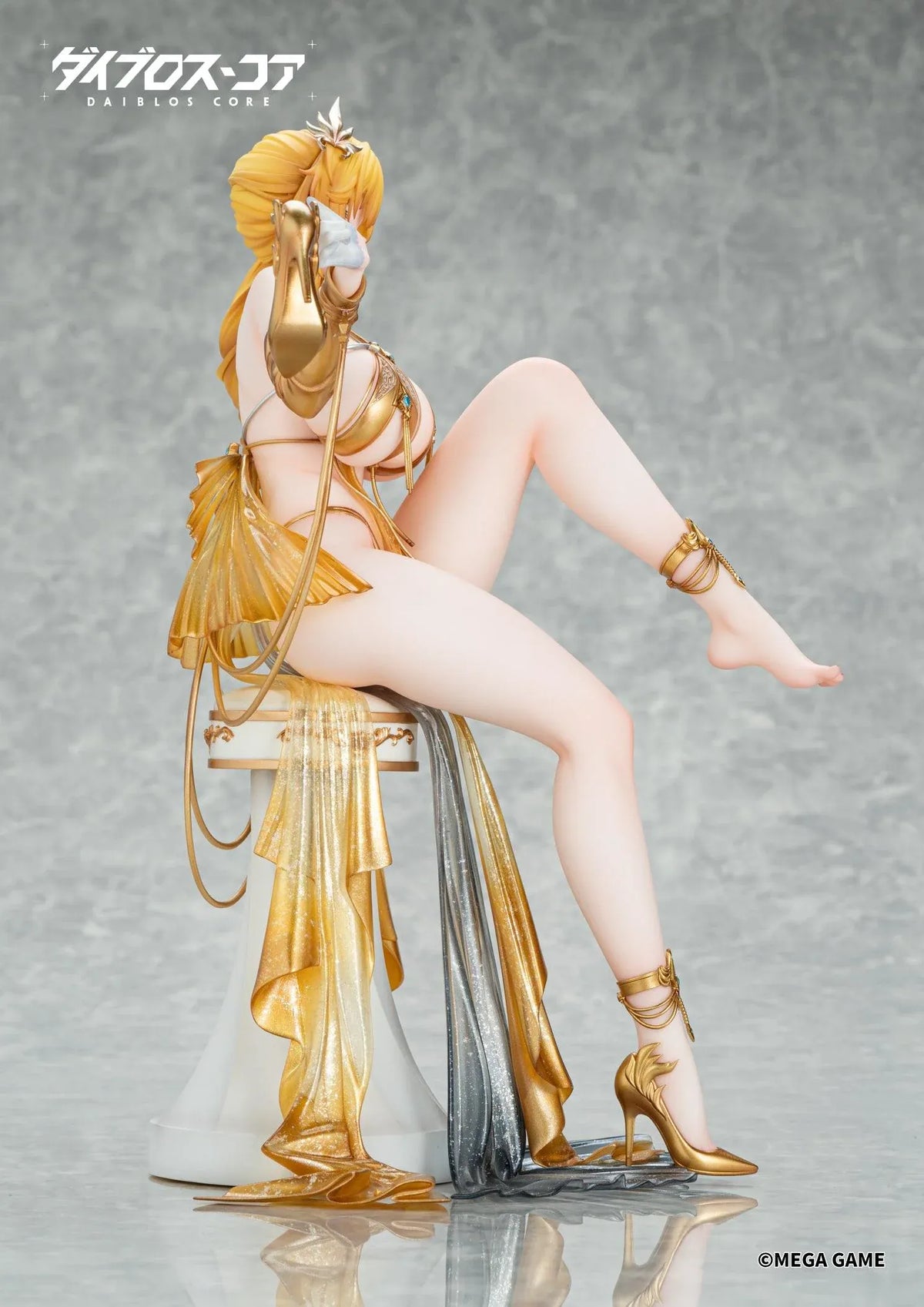 Daiblos Core Lobera Passionate Night Deluxe Edition 1/6 Scale Figure featuring a golden-blonde-haired anime character with golden eyes, an elaborate gold outfit, blue gemstone jewelry, ornate accessories, and flowing gold and silver fabrics seated on a decorative throne-inspired display. Includes an exclusive 300 × 500 mm illustrated wall scroll.