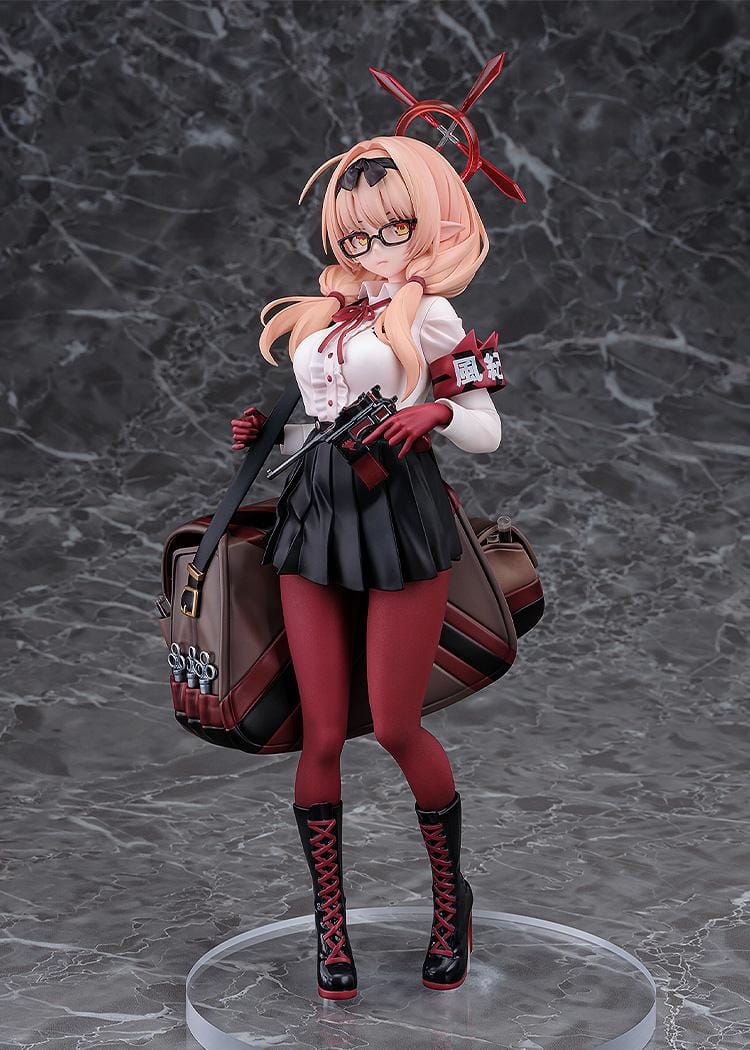 Blue Archive Chinatsu 1/7 Scale Figure featuring Chinatsu with pink hair, glasses, red gloves, halo detail, weapon accessory, and a large bag.