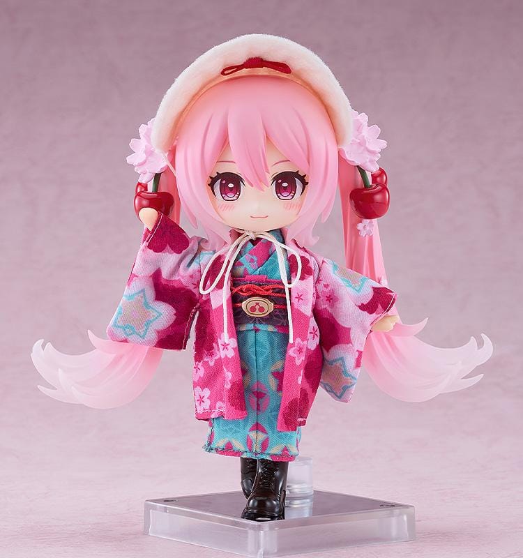 Hatsune Miku Nendoroid Doll Sakura Miku Hirohako 2025 Ver. Hakodate featuring Sakura Miku with pink twin tails, cherry accessories, and a colorful kimono-style outfit.