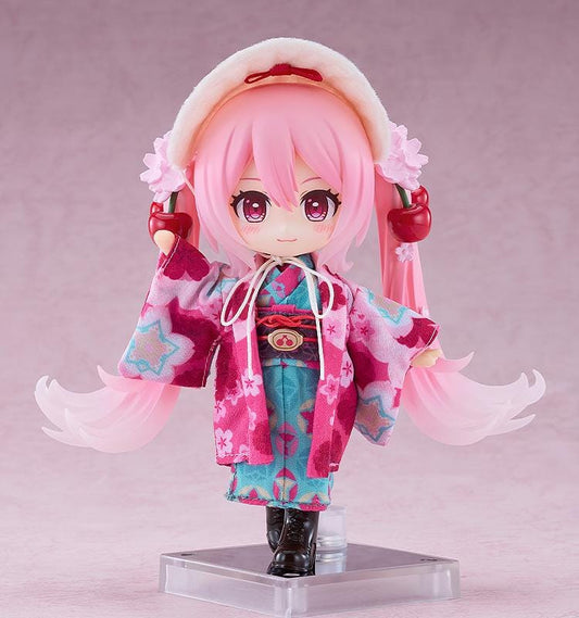 Hatsune Miku Nendoroid Doll Sakura Miku Hirohako 2025 Ver. Hakodate featuring Sakura Miku with pink twin tails, cherry accessories, and a colorful kimono-style outfit.