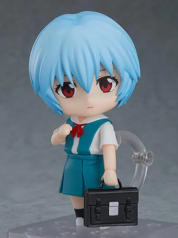 Rebuild of Evangelion Nendoroid Rei Ayanami Figure Rerelease featuring Rei with light blue hair, red eyes, school uniform, and school bag accessory.