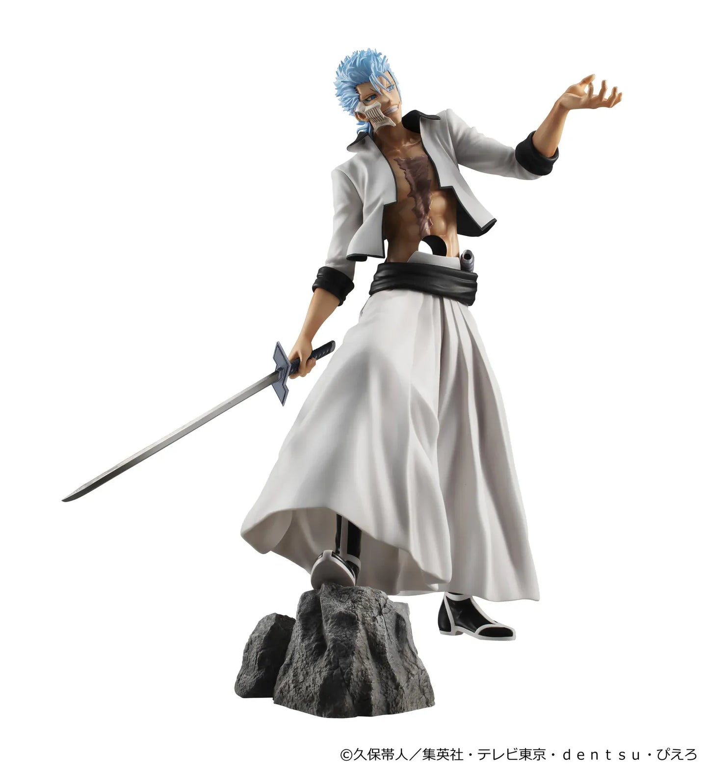 Bleach G.E.M. Series Grimmjow Jaegerjaquez Rerelease figure with blue hair, white Arrancar outfit, sword, and rocky display base