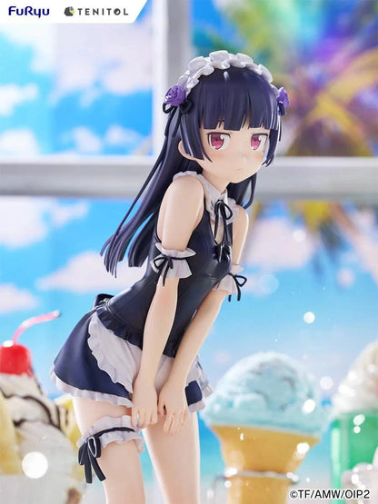 Oreimo Tenitol Tall Kuroneko Swimsuit Maid Ver. Figure featuring Kuroneko in a black-and-white maid swimsuit posing shyly by a dessert table with a beach backdrop