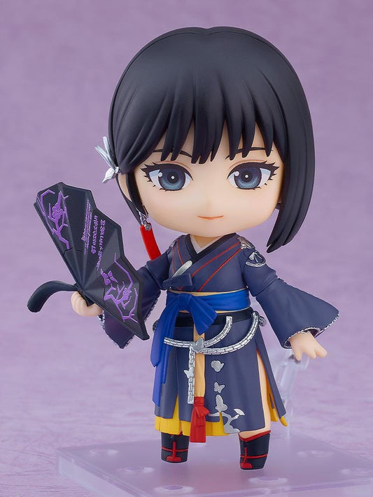Black Desert Nendoroid Woosa figure wearing a traditional blue outfit and holding a black fan accessory