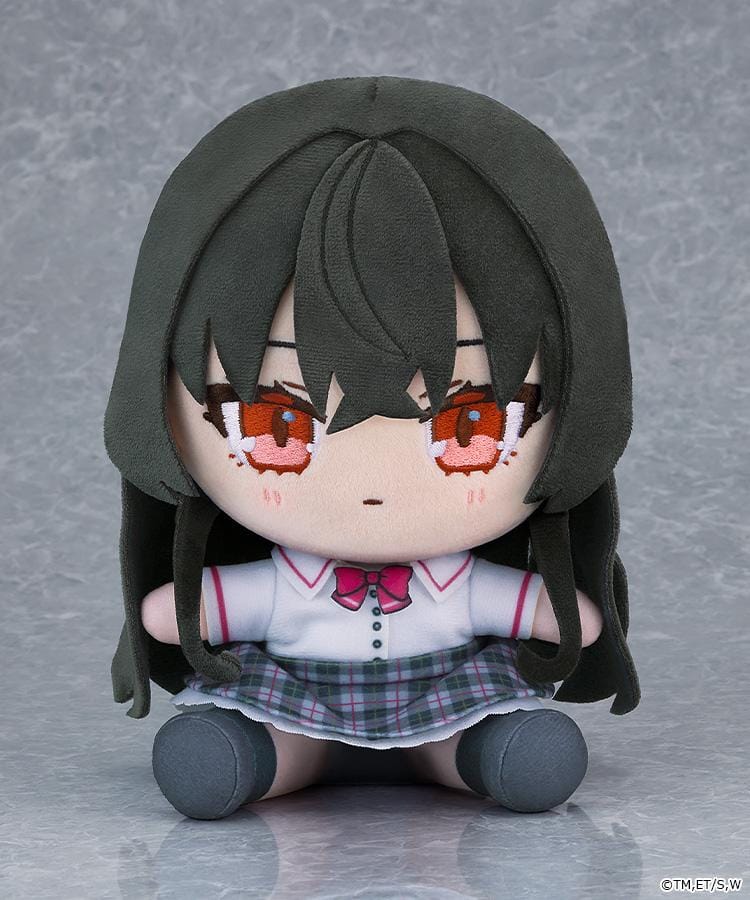 There's No Freaking Way I'll Be Your Lover! Unless... Satsuki Koto Chocopuni Plushie featuring a black-haired anime girl with reddish-orange embroidered eyes, a white school blouse, pink ribbon, plaid skirt, and gray shoes.