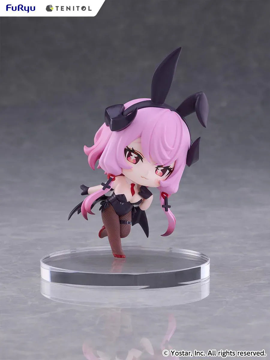 Stella Sora TENITOL Mini Bernina Bunny Figure by FuRyu featuring a pink-haired anime girl with reddish-pink eyes, black bunny ears, a black bunny outfit, fishnet tights, red accents, and bat-like wings in a playful pose.
