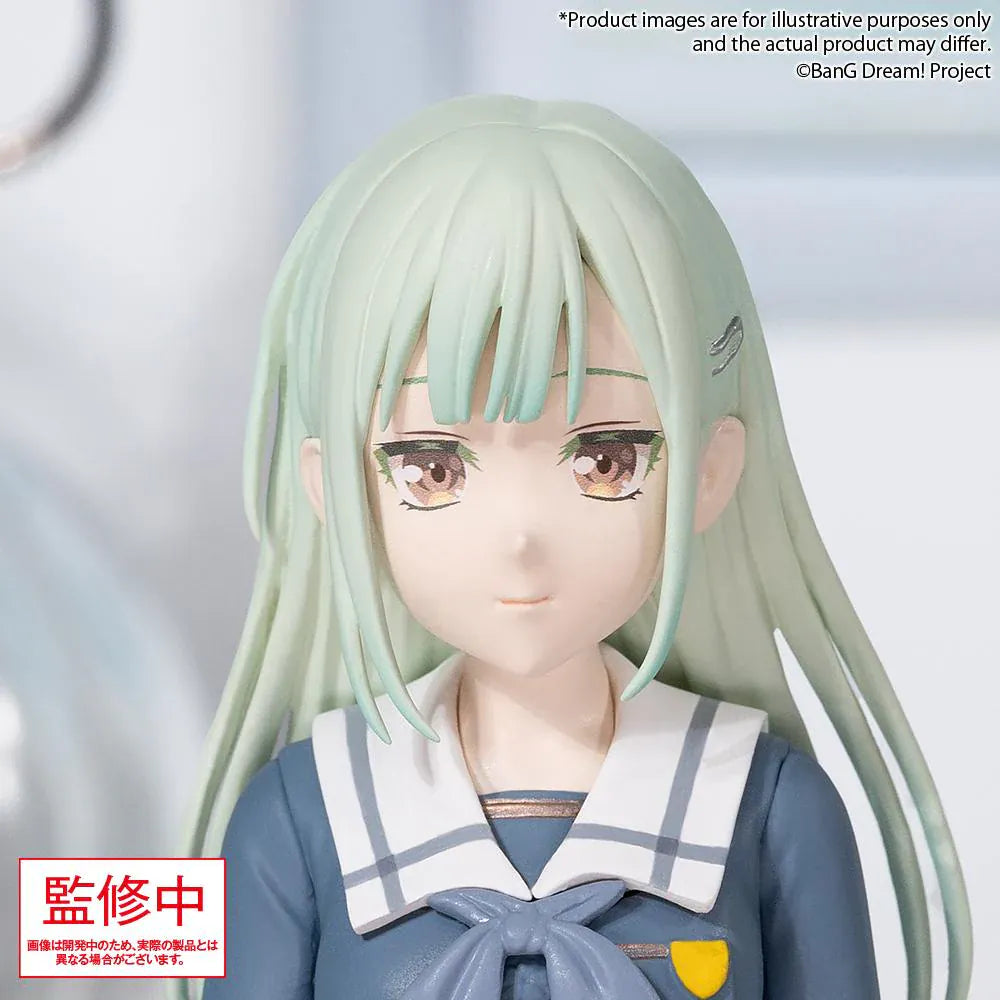 BanG Dream Ave Mujica Mutsumi Wakaba Uniform Ver. Premium Figure featuring Mutsumi seated in a blue school uniform with long mint-green hair and a soft expression.