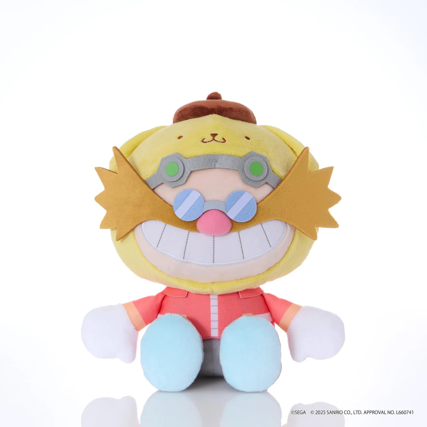 Sonic & Friends x Sanrio Dr. Eggman medium plush wearing a yellow Pompompurin hood with floppy ears and a brown beret.