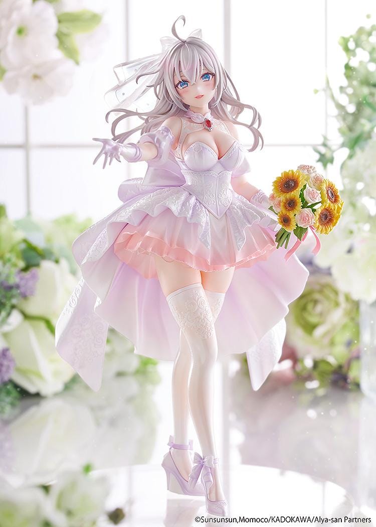“KD Colle Alisa Mikhailovna Kujou Wedding Dress Ver. 1/7 Scale Figure standing in a flowing white and pink bridal gown holding a flower bouquet.”