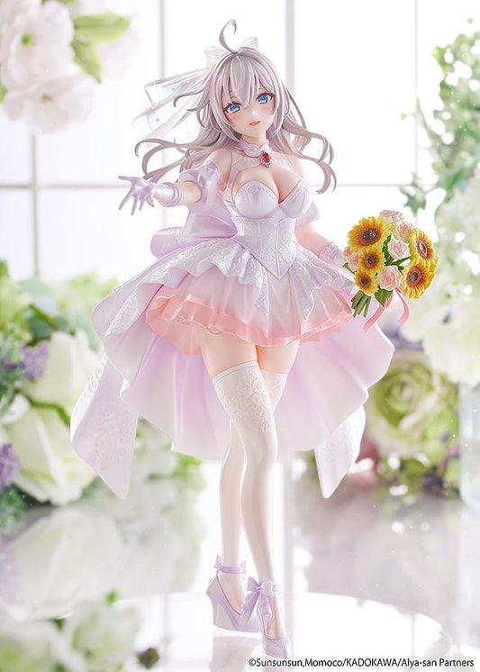 “KD Colle Alisa Mikhailovna Kujou Wedding Dress Ver. 1/7 Scale Figure standing in a flowing white and pink bridal gown holding a flower bouquet.”
