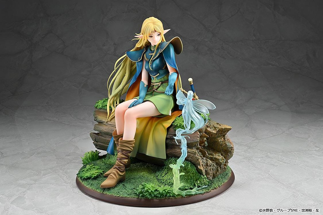 Record of Lodoss War Deedlit figure seated on a log in green clothing and blue armor, with flowing blonde hair, a winged companion, and a woodland base.