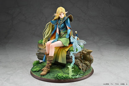 Record of Lodoss War Deedlit figure seated on a log in green clothing and blue armor, with flowing blonde hair, a winged companion, and a woodland base.