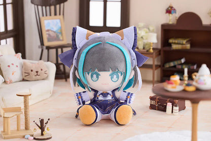 Azur Lane Cheshire Punipuni plushie with gray and teal hair, cat ears, embroidered eyes, and navy outfit sitting pose