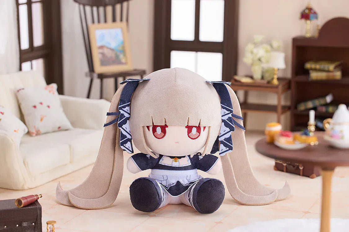 Azur Lane Formidable Punipuni plushie with long blonde twin tails, red embroidered eyes, and navy outfit in seated pose